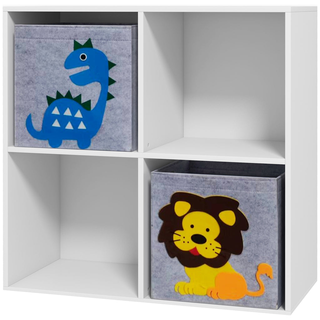 ZONEKIZ Kinderregal Bücherregal 4 Fächer 2 Würfel Stoffkörbe Dinosauriermotiv für Kinderzimmer 62 x 30 x 62 cm weiß
