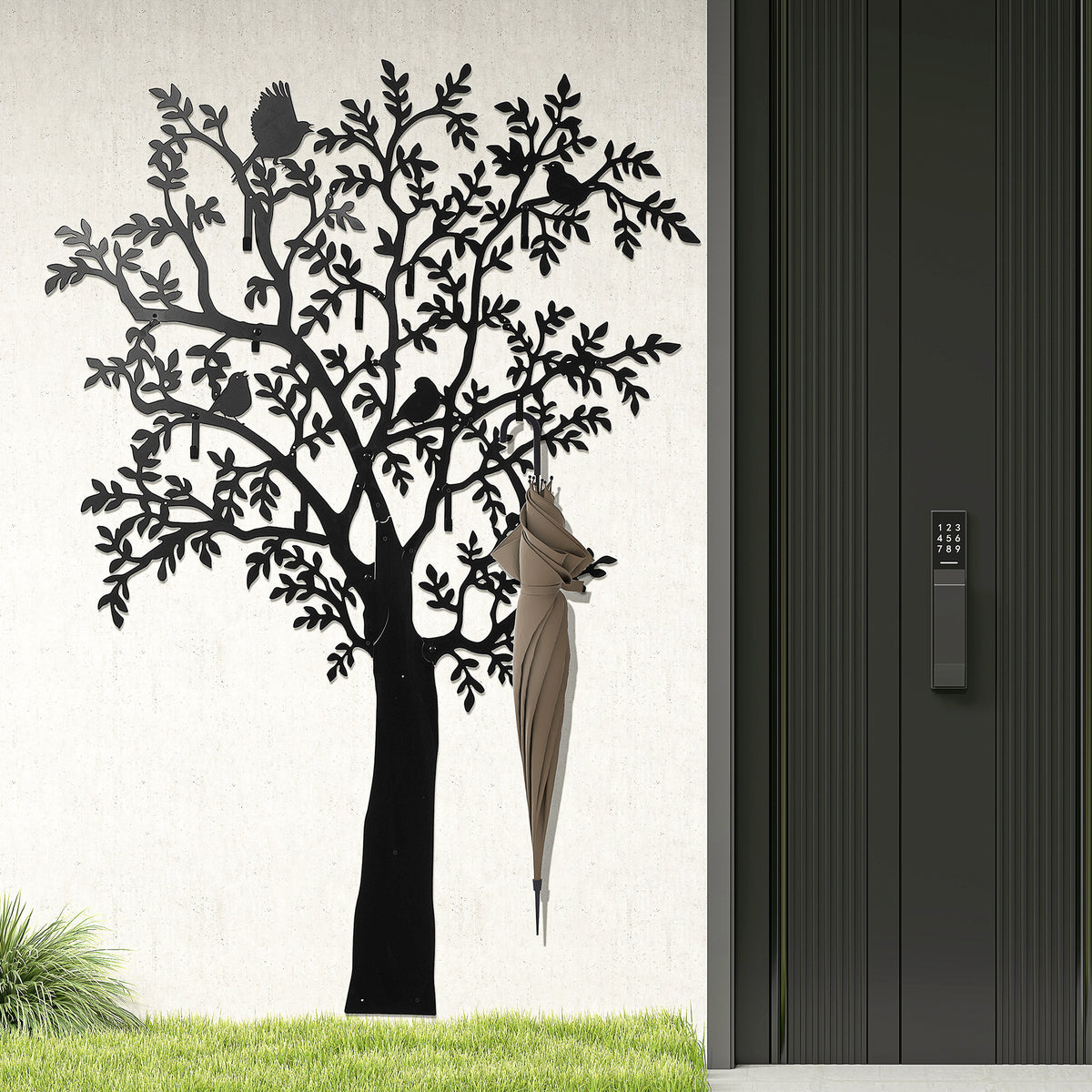 HOMCOM Wandgarderobe, Wandmontierter Mantelhaken, Baumdesign mit Vögeln, Schwarz