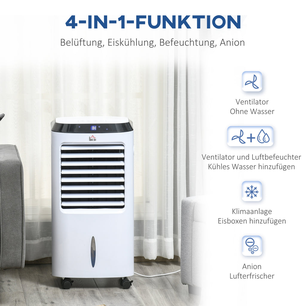 HOMCOM 10L 4 in 1 Mobile Klimaanlage mit Luftbefeuchtung Wasserkühlung Klimagerät Luftkühler 8h Timer Fernbedienung Nutzungsraum 20㎡ 60W ABS Weiß+Schwarz 38,2 x 31,6 x 76 cm