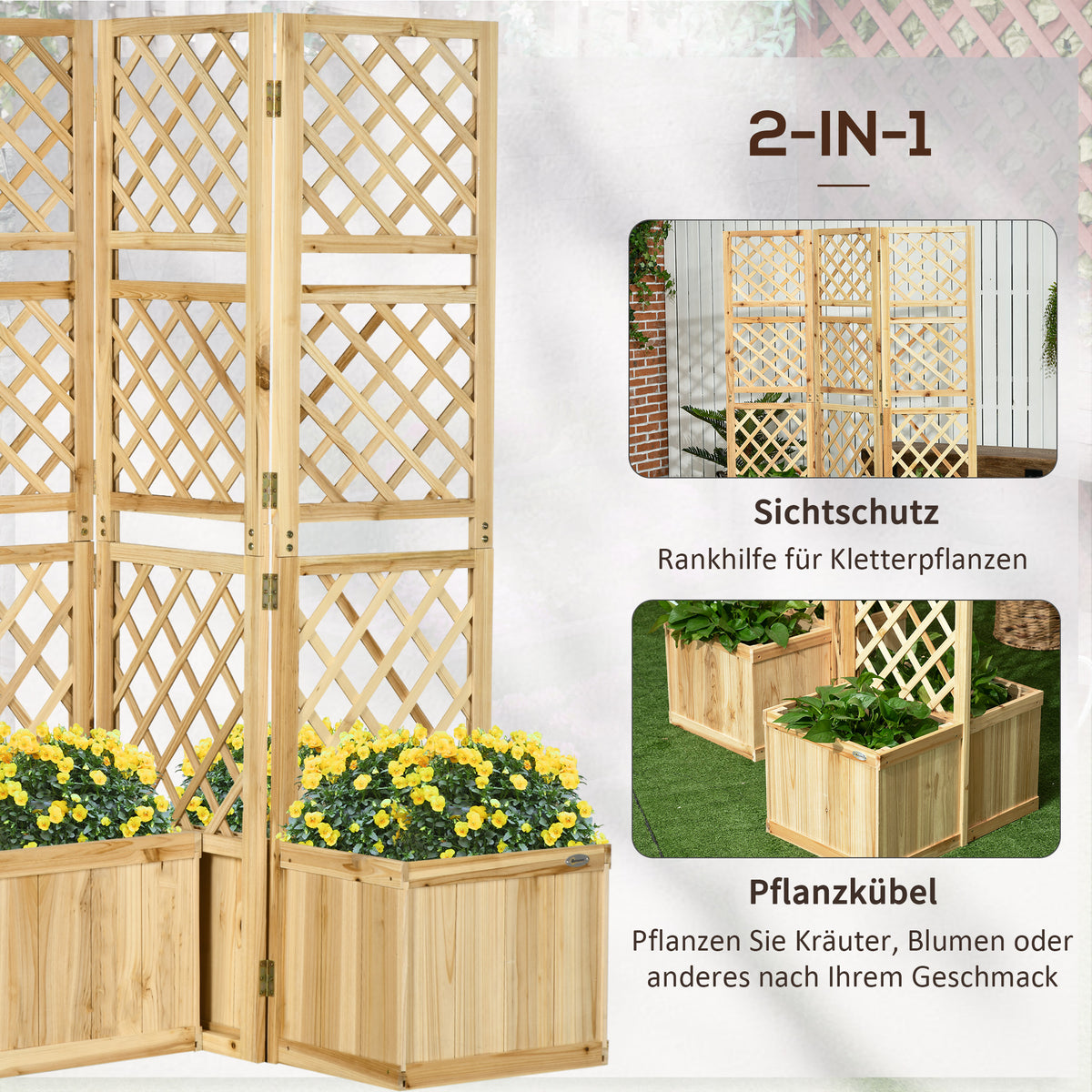Outsunny Paravent, Sichtschutz für Garten, dreifach klappbar, 4 Blumenkästen, Massivholz, Naturfarbe, 133 x 62 x 165 cm