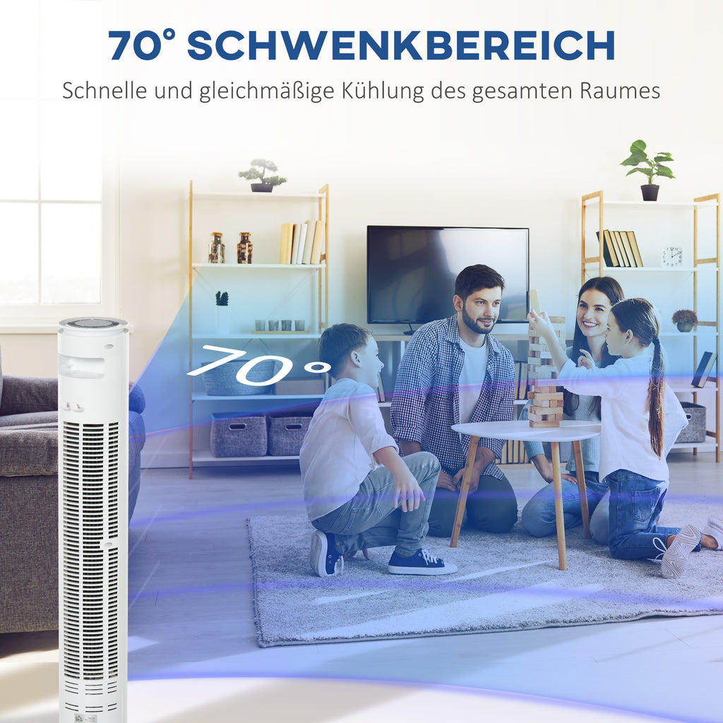 HOMCOM Turmventilator, Standventilator mit 3 Belüftungsstufen, Fernbedienung, 45W Ventilator mit 10H Timer, LCD-Anzeige, 70° Oszillation, für Schlafzimmer, Weiß