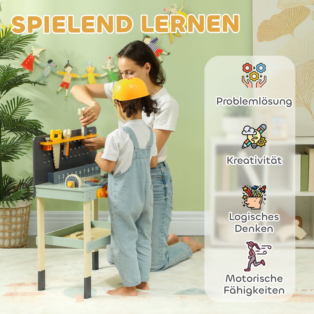 AIYAPLAY Spielwerkbank, mit Werkzeug-Set, robust, für 3-6 Jahre, 58 x 31 x 77,5 cm, Hellblau