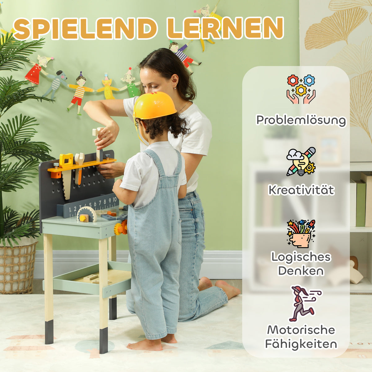 AIYAPLAY Spielwerkbank, mit Werkzeug-Set, robust, für 3-6 Jahre, 58 x 31 x 77,5 cm, Hellblau