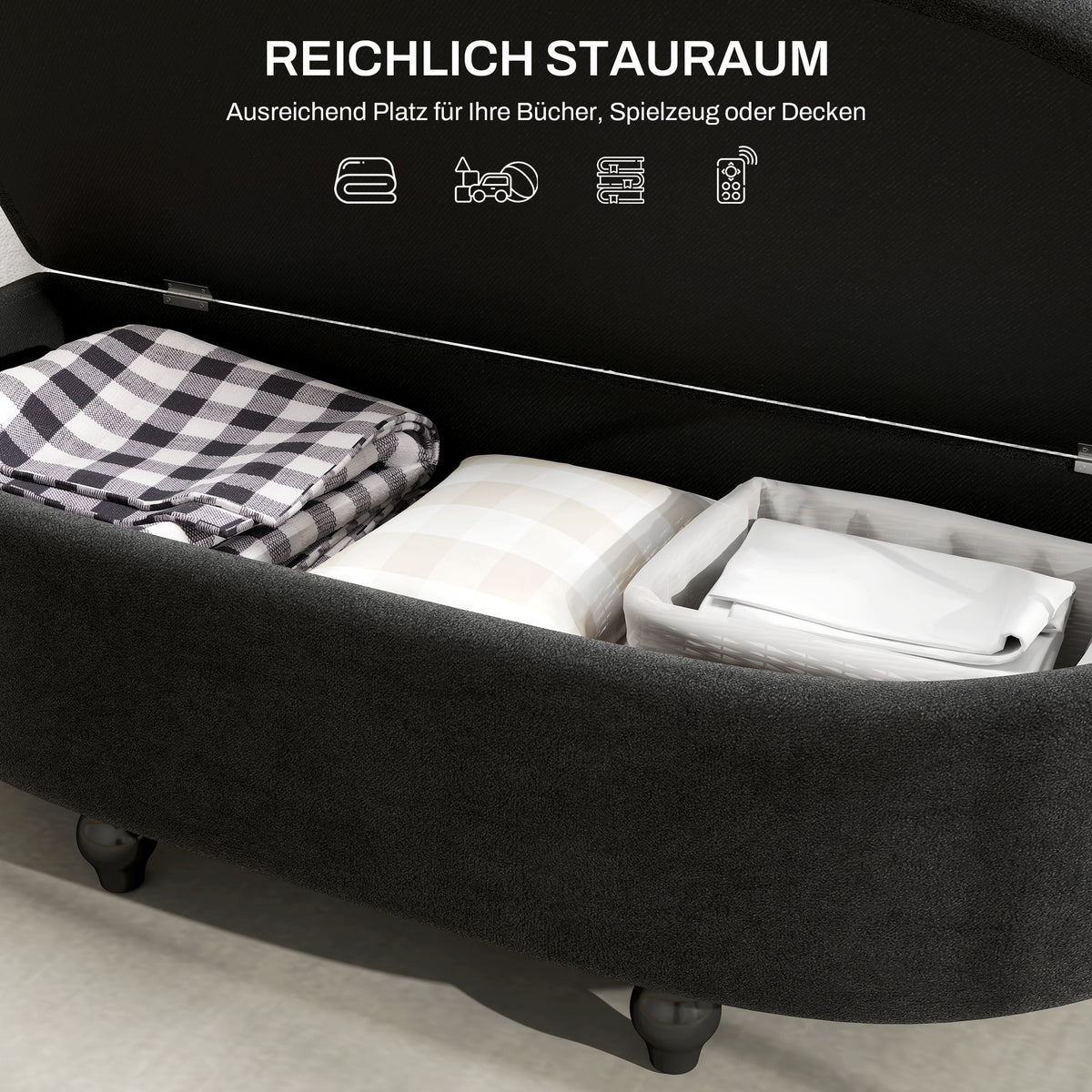 HOMCOM Hocker mit Stauraum, Sitztruhe, gepolstert, soft-close Deckel, Samtoptik, 120 x 46 x 42 cm, Dunkelgrau