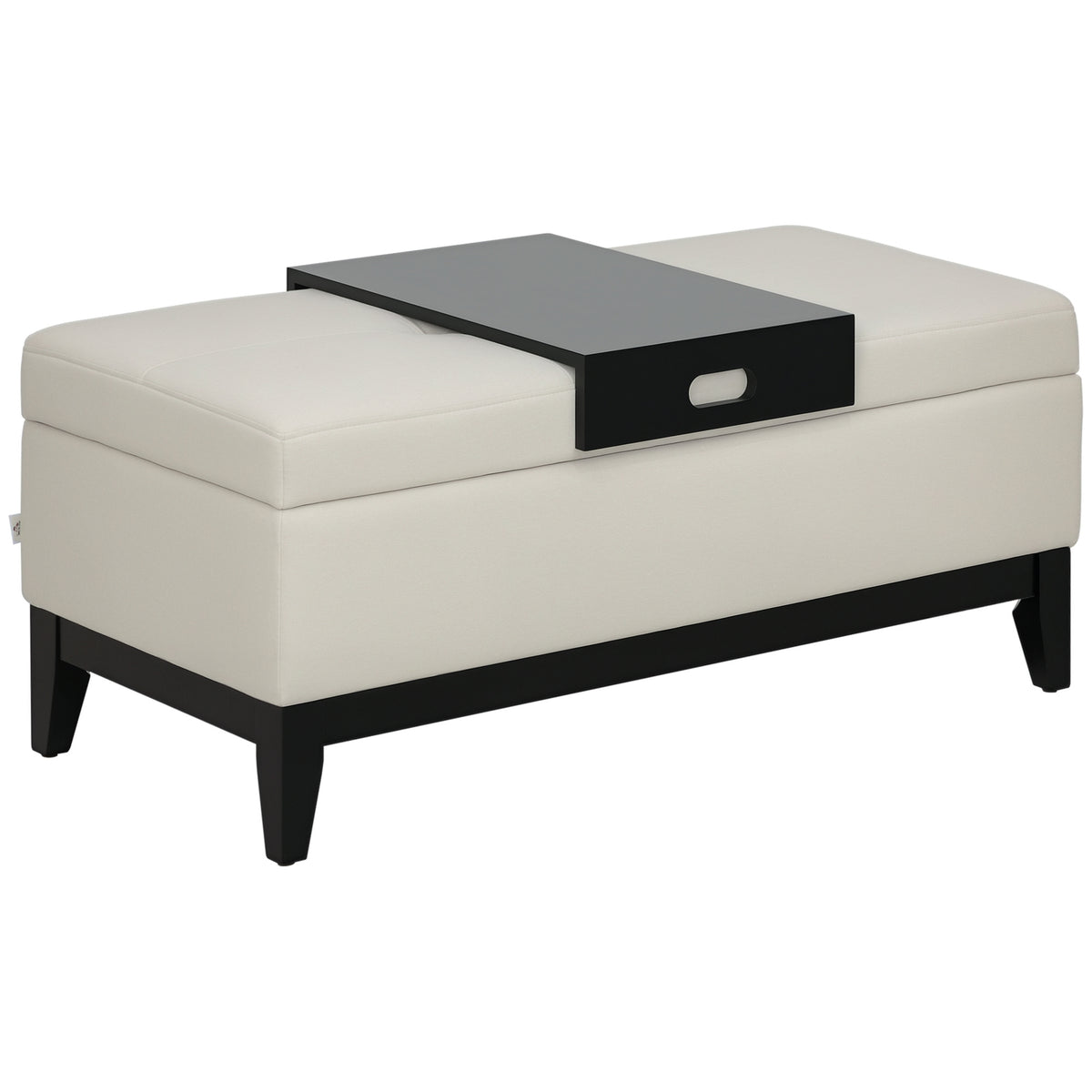 HOMCOM Hocker mit Stauraum, Tablett, Eukalyptusholzrahmen, bis 120 kg, 107 x 50 x 44 cm, Cremeweiß/Schwarz