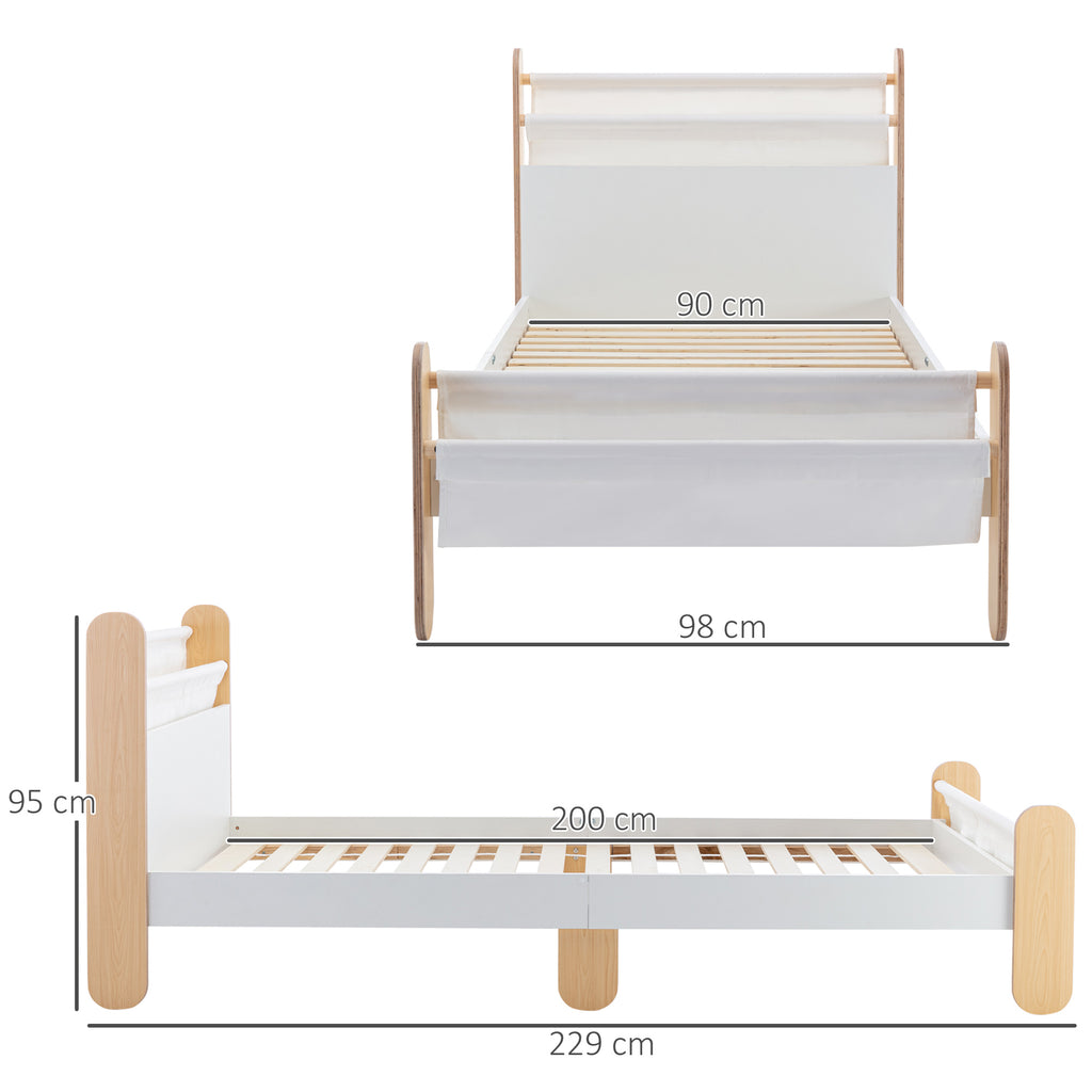 HOMCOM Kinderbett Jugendbett Hausbett mit Betttasche Spielzeugtasche ab 3 Jahre Holzbett Kinderzimmer Spielbett Einzelbett Kiefernholz Weiß+Natur 229 x 98 x 95 cm