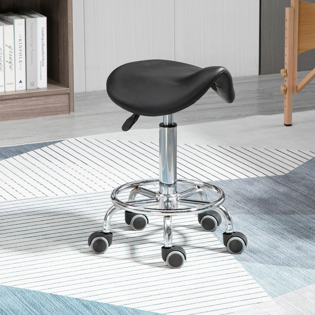 HOMCOM Höhenverstellbarer Hocker mit 5 Rollen und ergonomisch gepolsterter Sitzfläche aus Schaumstoff, 36,5x37,5x51-66 cm, Schwarz
