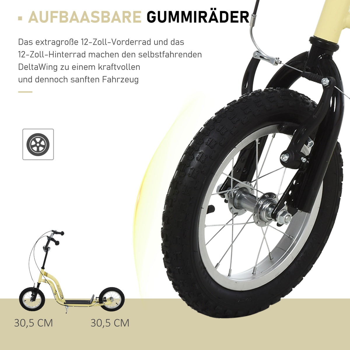 HOMCOM Kinderroller ab 5 Jahre Scooter Kinderscooter Tretroller Cityroller Kinder Roller Kickboard mit Luftreifen 12 Zoll Gummi Aluminium Beige 120 x 58 x 85-95 cm