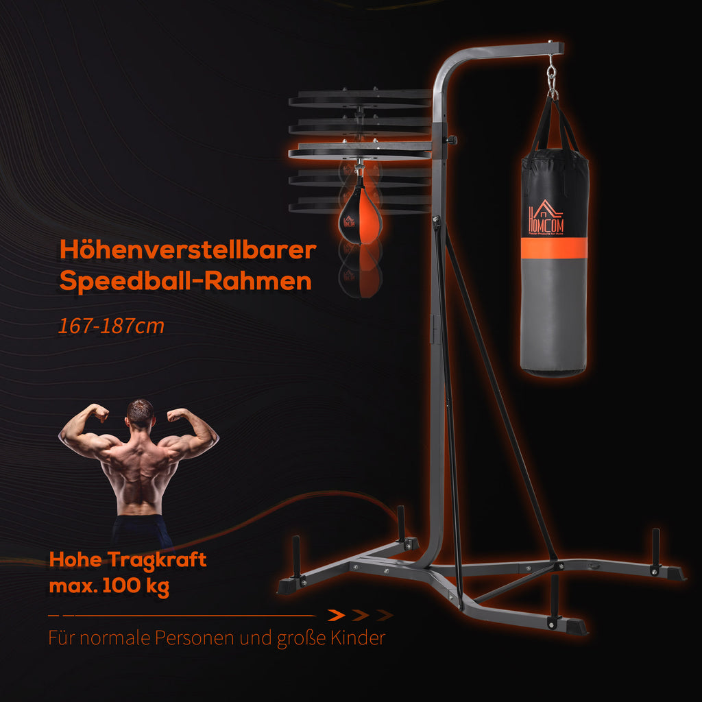 HOMCOM 2-in-1 Boxsackständer max. Tragkraft 100 kg, drehbar Boxsackhalterung aus Stahl mit 20kg Boxsack Punchingball, stehend höhenverstellbar Boxsackhalter, für Indoor Fitness Training, Schwarz