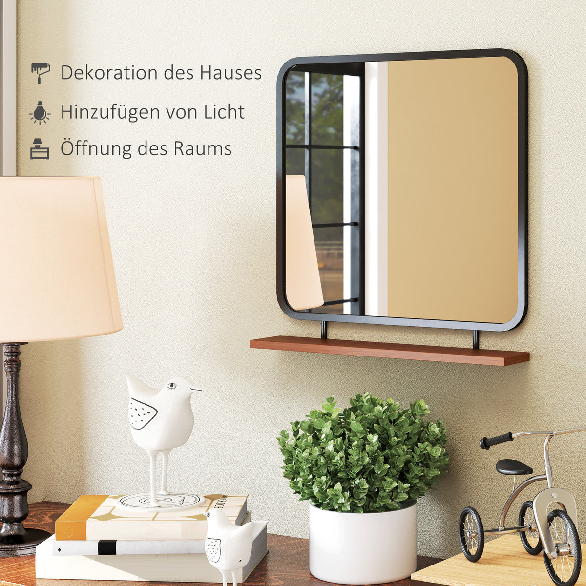 HOMCOM Wandspiegel mit Ablage, Vintage-Design, Metallrahmen, Paulownia-Holz, 55 x 55,5 cm, Schwarz/Holz