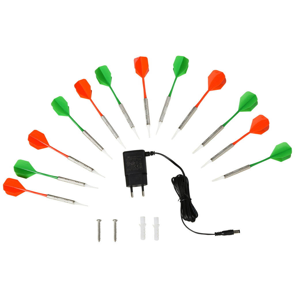 SPORTNOW Elektronische Dartscheibe Dartboard mit Sprachansagen Englische Stimme LED-Anzeigen 12 Darts 27 Spiele 216 Varianten Dartautomat mit Türen Dartscheibe Set für bis zu 8 Spieler