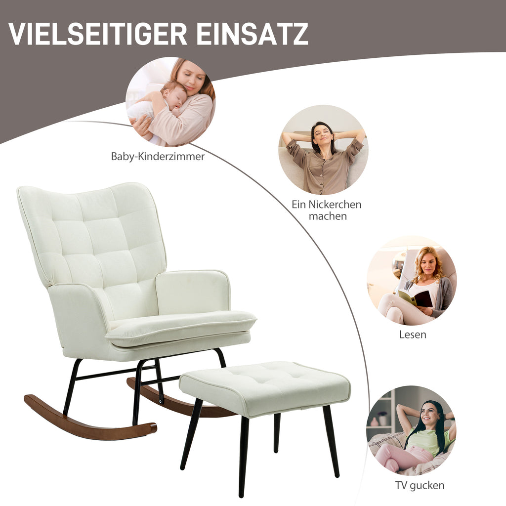 HOMCOM Schaukelstuhl mit Hocker, sanftes Schaukelsystem, Leinenimitat, 64 x 89 x 90 cm, Cremeweiß