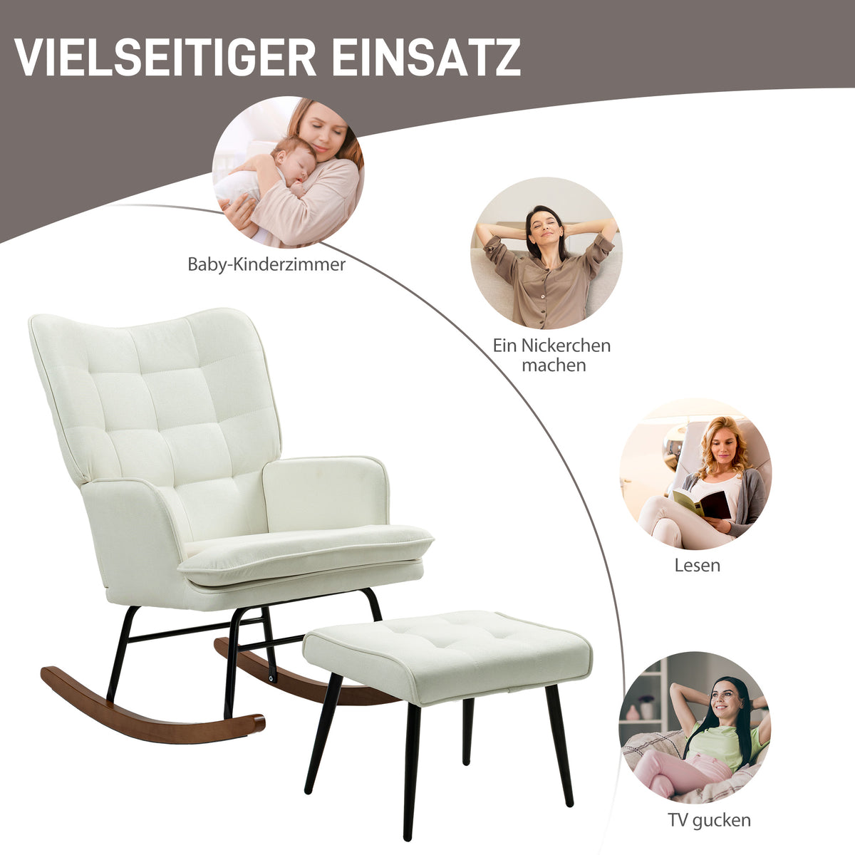 HOMCOM Schaukelstuhl mit Hocker, sanftes Schaukelsystem, Leinenimitat, 64 x 89 x 90 cm, Cremeweiß