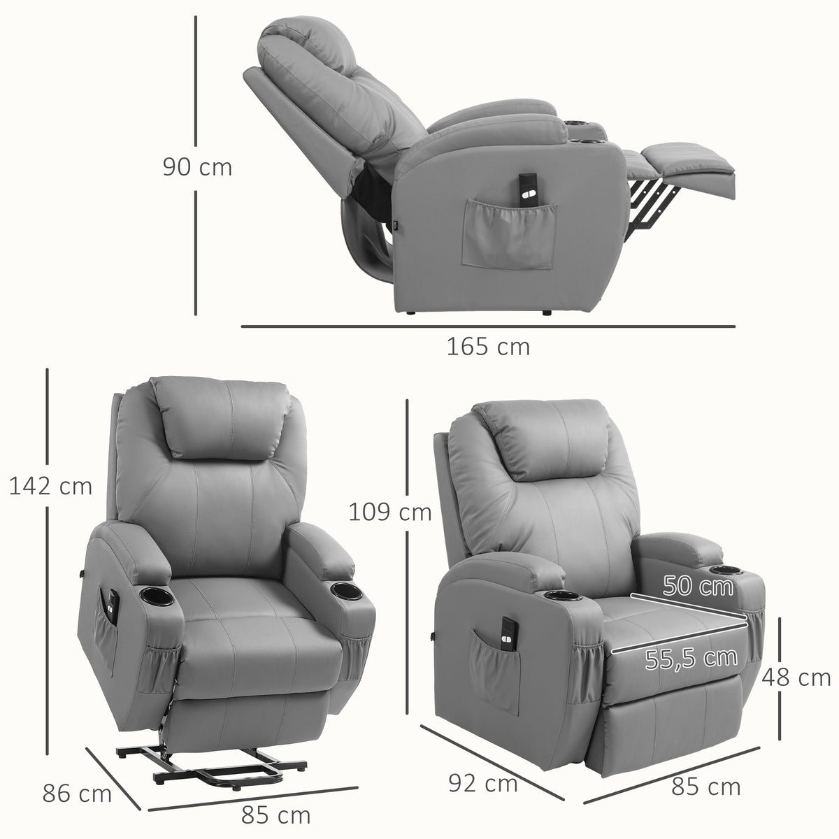 HOMCOM Elektrischer Relaxsessel mit Aufstehhilfe, Getränkehalter, 4 Taschen, 84x92x109 cm, Hellgrau