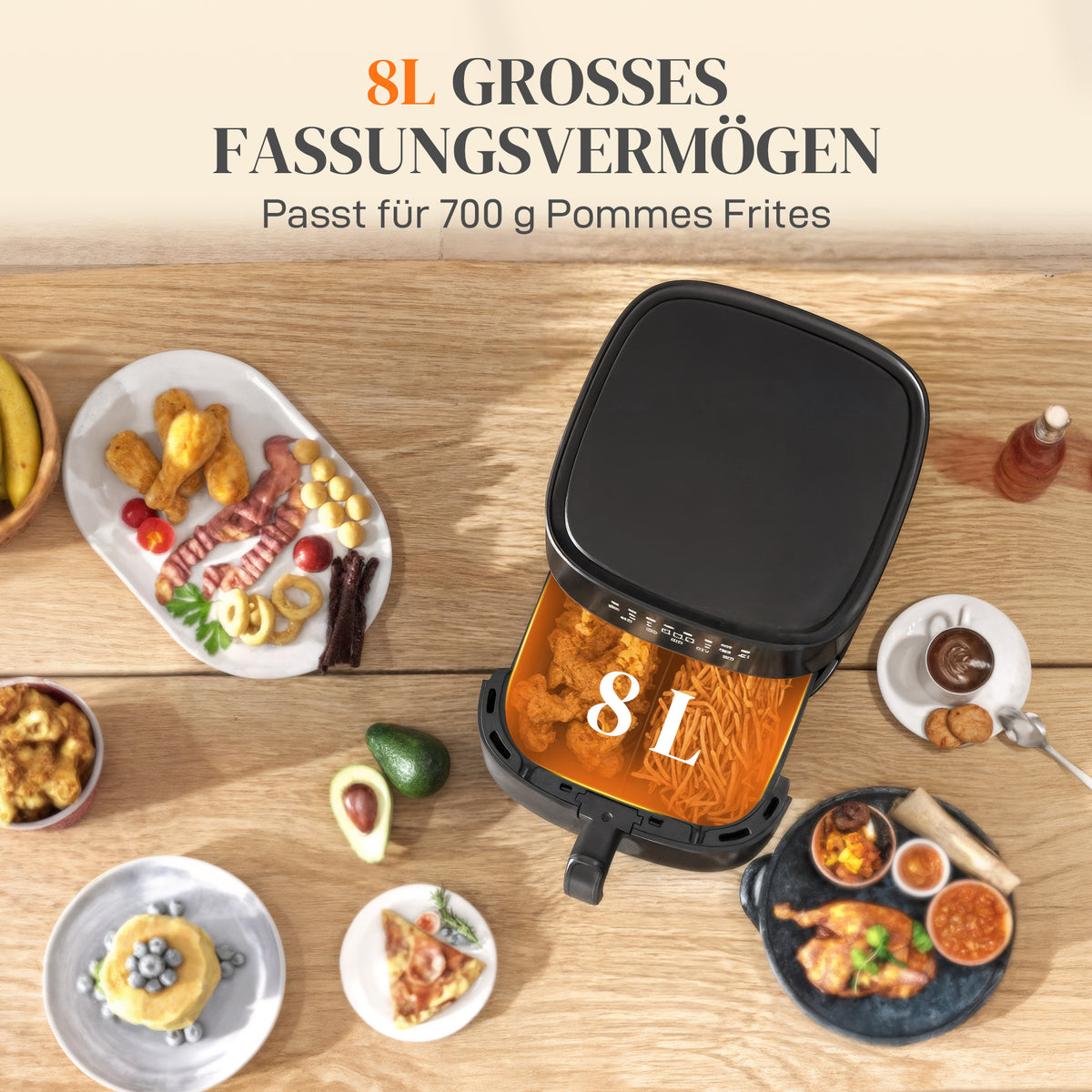 HOMCOM Heißluftfritteuse, Air Fryer, 8 Programme, 8 Liter, LED-Screen, Schwarz