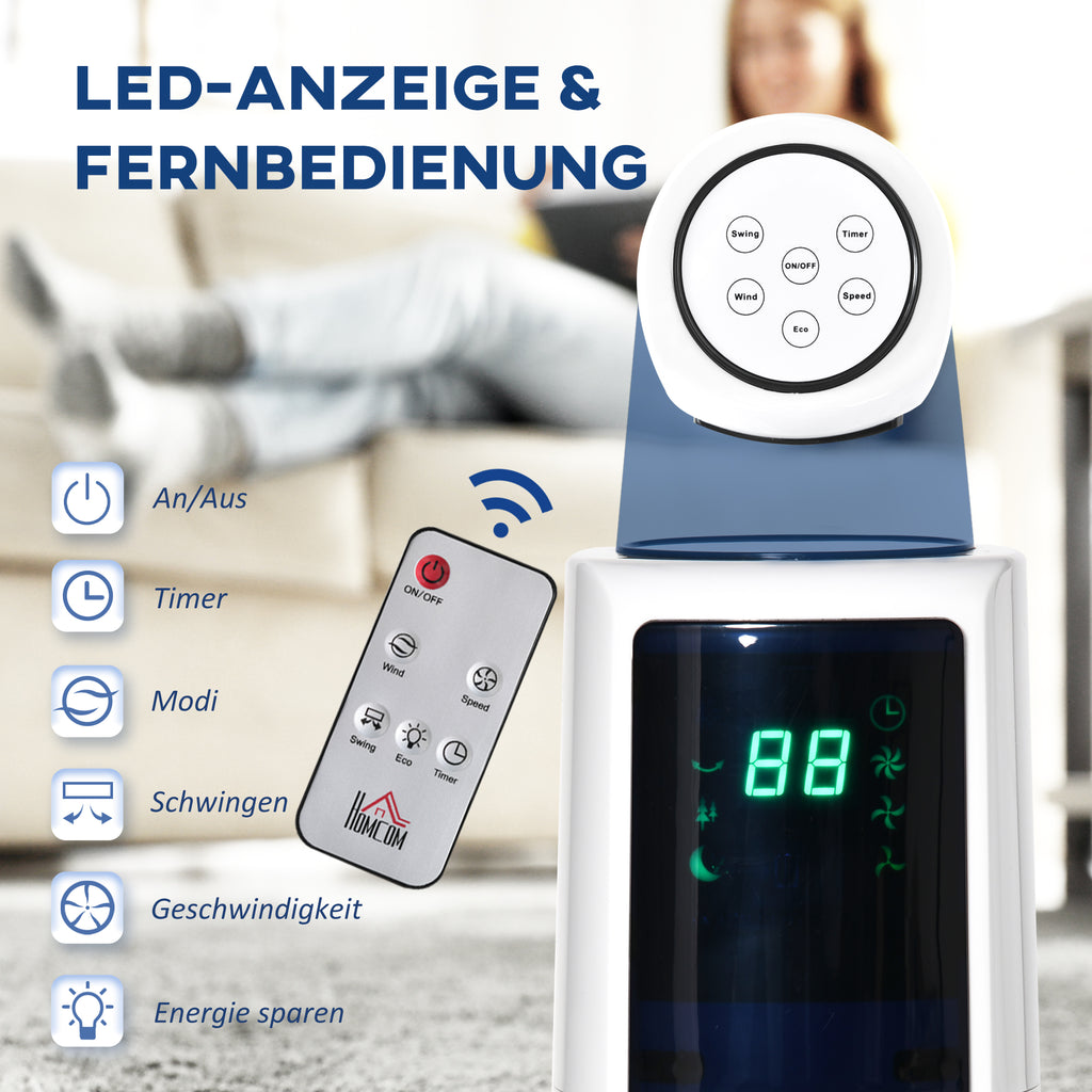 HOMCOM 118,2 cm Turmventilator mit Fernbedienung 3 Modi 3-Stufen und Geschwindigkeiten Ventilator Standventilator LED Display 220-240V 50 W 12 Std. Timer Weiß