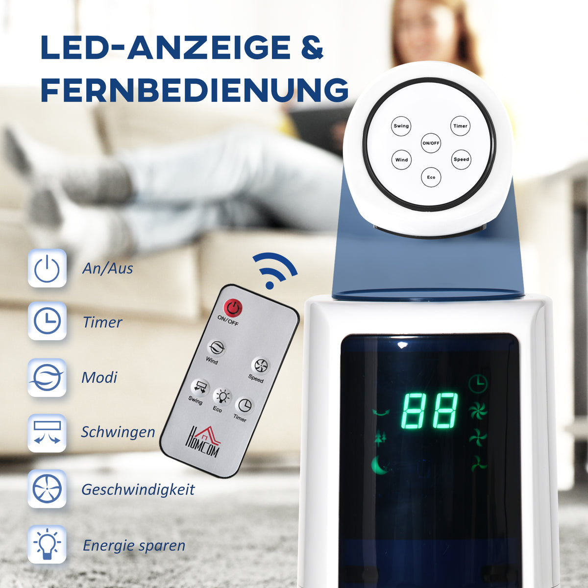 HOMCOM 118,2 cm Turmventilator mit Fernbedienung 3 Modi 3-Stufen und Geschwindigkeiten Ventilator Standventilator LED Display 220-240V 50 W 12 Std. Timer Weiß