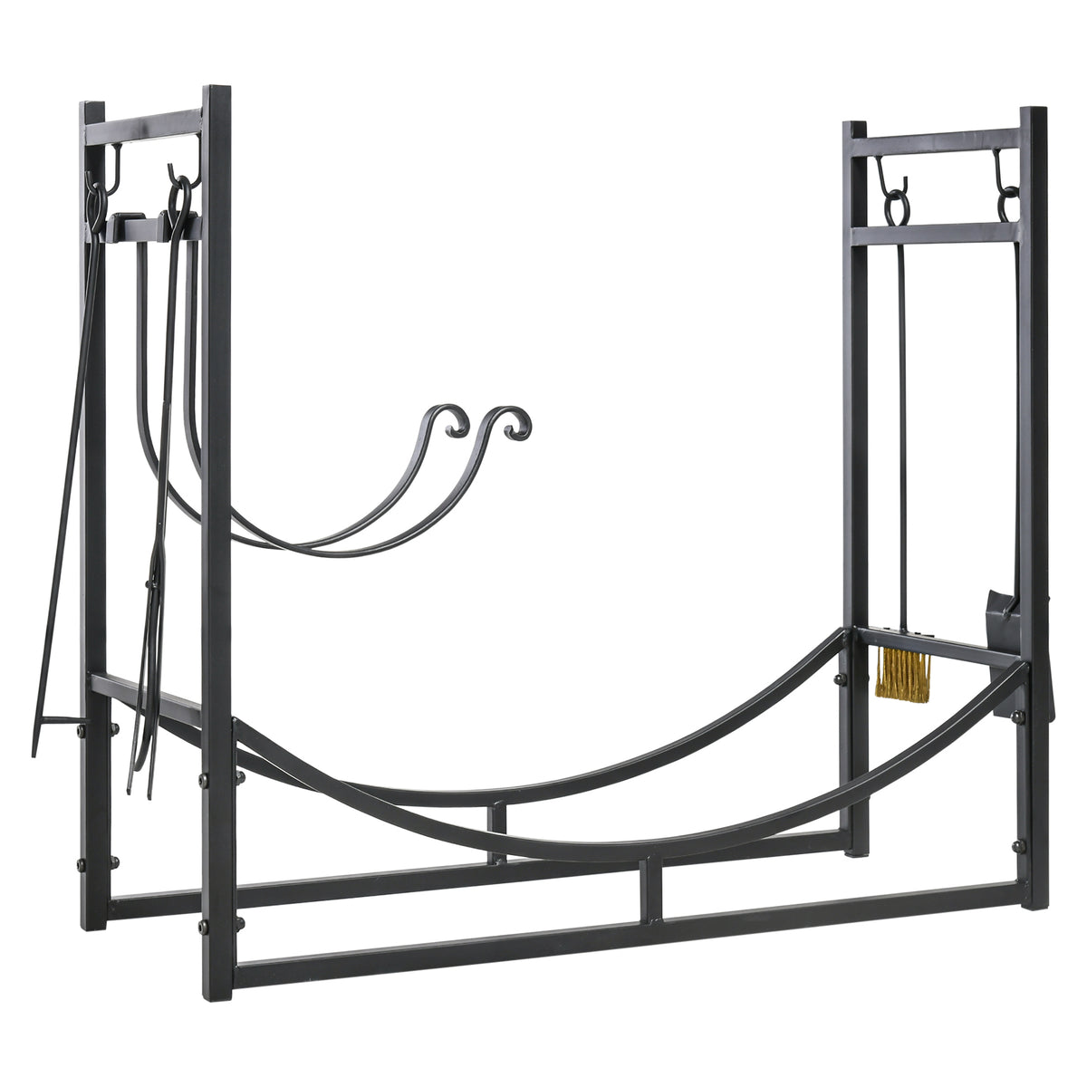 Outsunny Kaminholzregal Holzständer Holzablage mit 4 Haken 2 Schichten Metall Schwarz 84 x 33 x 76 cm