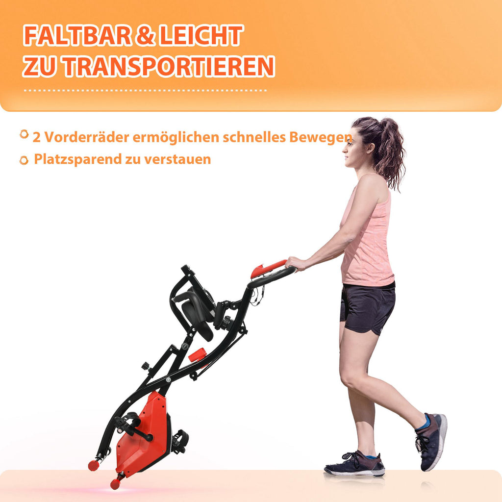 HOMCOM Heimtrainer X-Bike 2-in-1 Fahrradtrainer mit LCD-Display,Pulsmesser, klappbarer Hometrainer Trimmrad mit 8 stufig Magnetwiderstand, 1 Paar Spannseil, Stahl Rot 105x48x118 cm