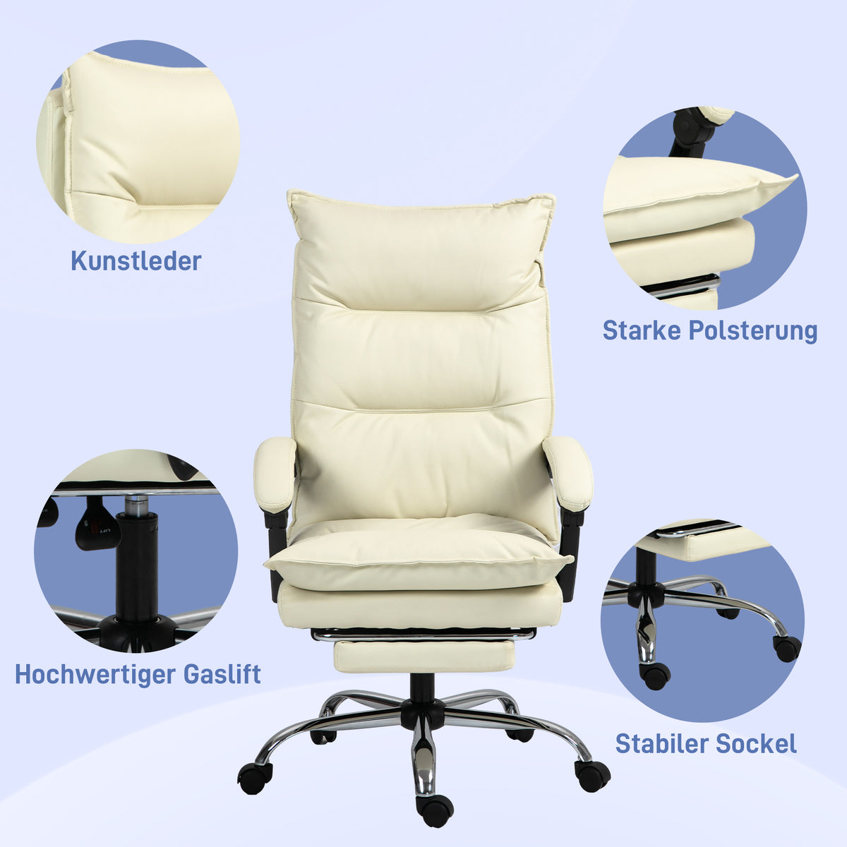 Vinsetto Bürostuhl, verstellbare Sitzhöhe, Fußstütze, Kunstleder, bis 135 kg, Metallbasis, 66x72x116-124cm, Beige