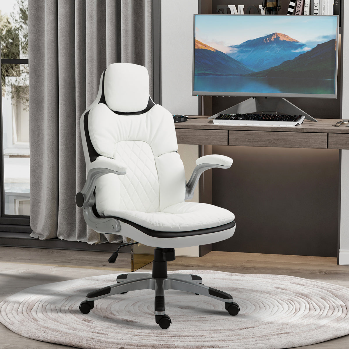 Vinsetto Ergonomischer Bürostuhl mit klappbare Armlehnen, Höhenverstellbarer Schreibtischstuhl mit Wippfunktion, dick gepolsterter Stuhl mit verstellbare gepolsterte Armlehne 69 x 67 x 113-121 cm