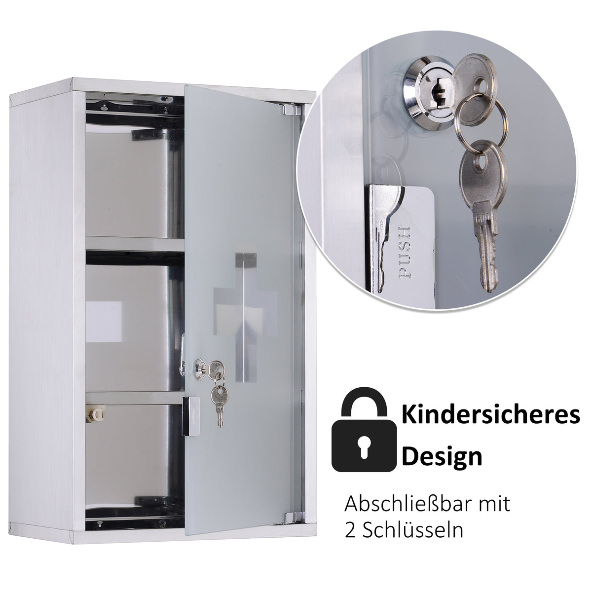HOMCOM Medizinschrank Arzneischrank aus Edelstahl, Abschließbar Medikamentenschrank mit 3 Fächern, Glastür Apothekerschrank zur Medikamenten-Aufbewahrung, 30 x 18 x 50 cm