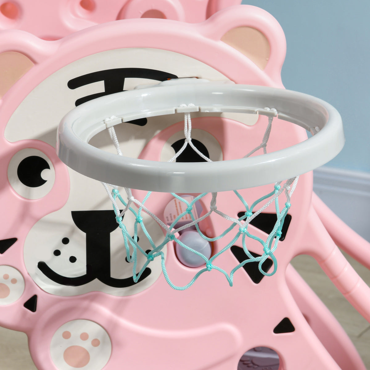 AIYAPLAY Kinder Rutsche 18-36 Monate mit seitlichem Basketballkorb, aus Kunststoff, 133x60x70 cm, Rosa und Grau