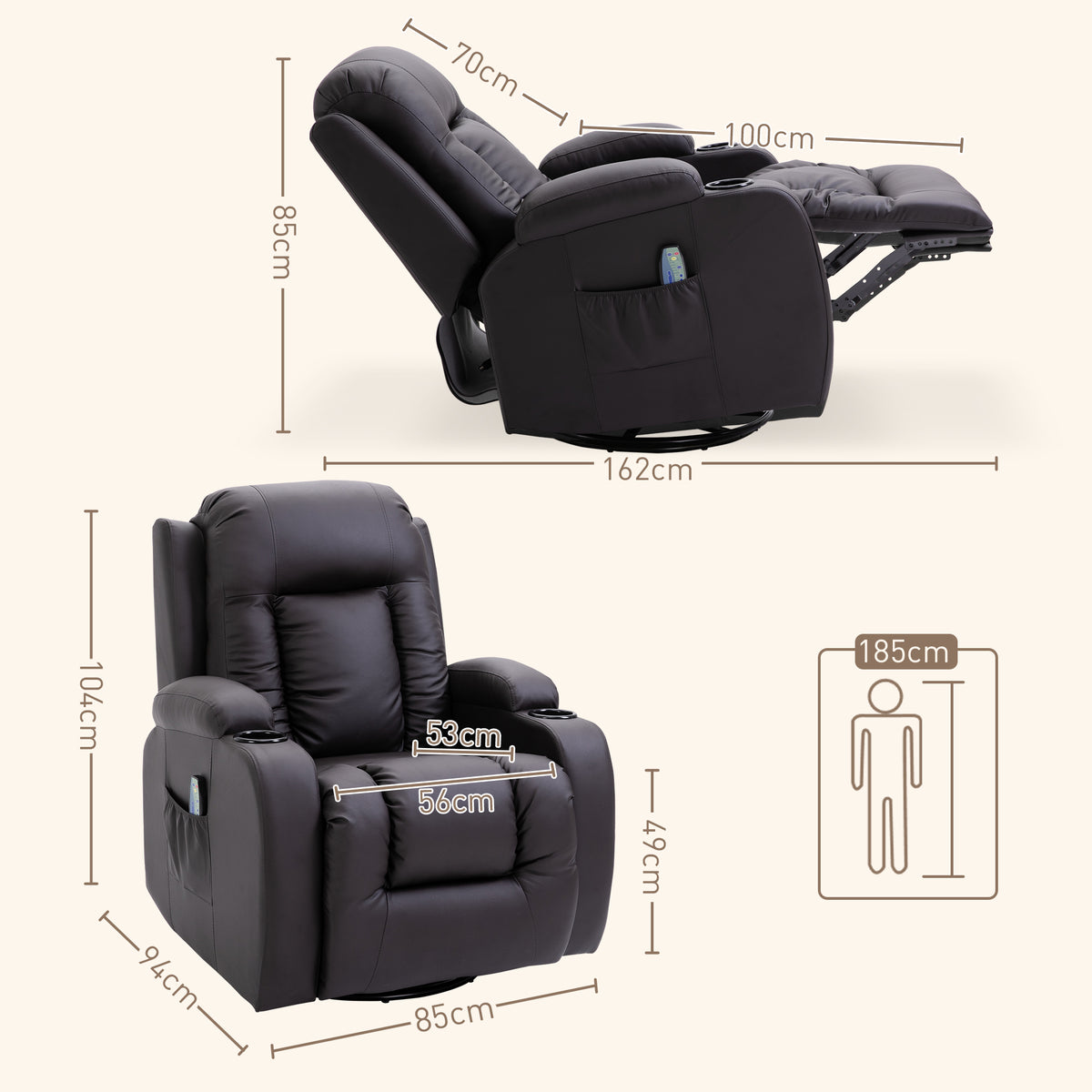 HOMCOM Massagesessel, Relaxsessel, Wippfunktion, 8 Vibrationspunkte, inkl. Fernbedienung, Braun