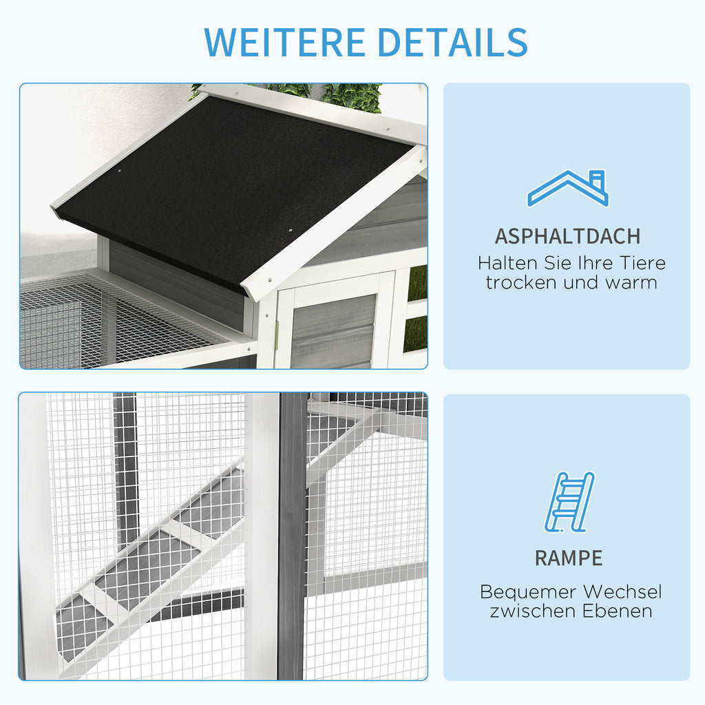 PawHut Kaninchenstall Tannenholz Outdoor Indoor Kleintierstall Kleintierhaus Kleintierkäfig Herausnehmbare Bodenwanne und Rampe Grau+Schwarz+Weiß 122 x 62,6 x 92 cm
