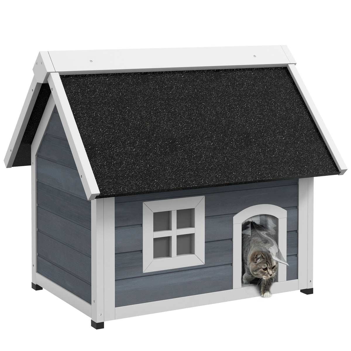 Katzenhaus, wetterfest, mit Fenster, 77x57,5x68cm (außer Asphaltdach), Grau/Weiß/Schwarz