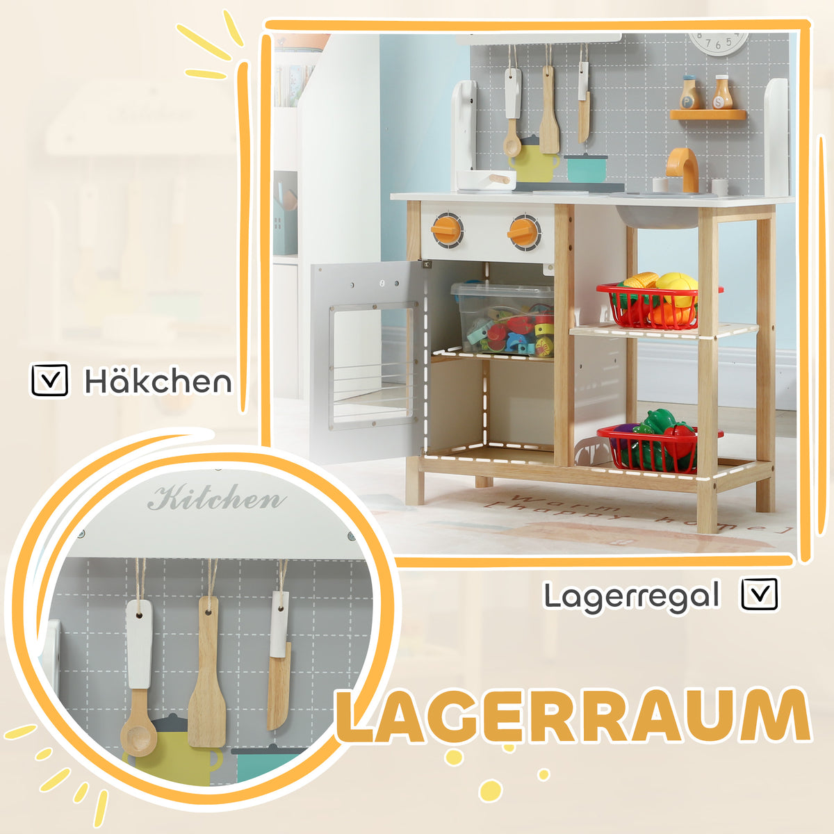 AIYAPLAY Spielküche mit Zubehör, Herd & Ofen, Spüle, Uhr, Ablagen, für 3-6 Jahre, Grau