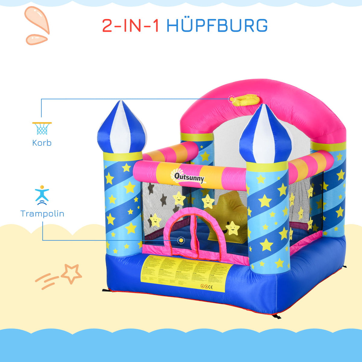 Outsunny Selbstaufblasende Hüpfburg, inklusive Gebläse, 1 Reparatur-Kit, für Kinder von 3 bis 12 Jahren, Bunt