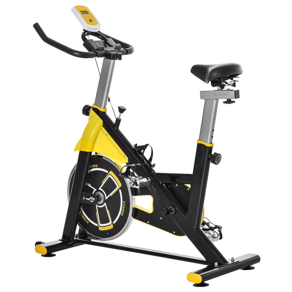 HOMCOM Fahrradtrainer höhenverstellbarer Heimtrainer Fitnessfahrrad Rollentrainer mit Riemenantrieb LCD-Display Stahl ABS Gelb+Schwarz 45,5 x 100 x 101-113 cm
