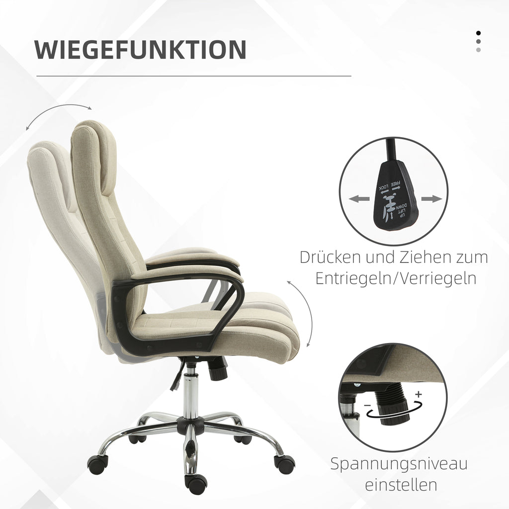 Vinsetto Bürostuhl in Leinenoptik, höhenverstellbar, Wippfunktion, 5 Rollen, Beige