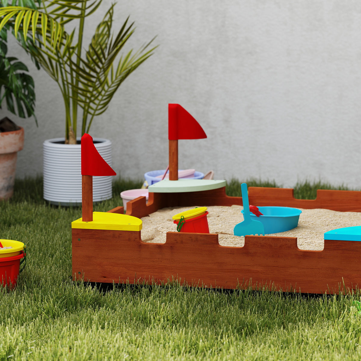 AIYAPLAY Sandkasten für Kinder 3-7 Jahre in Form eines Schlosses aus Fichtenholz, 90x90x17 cm, Mehrfarbig