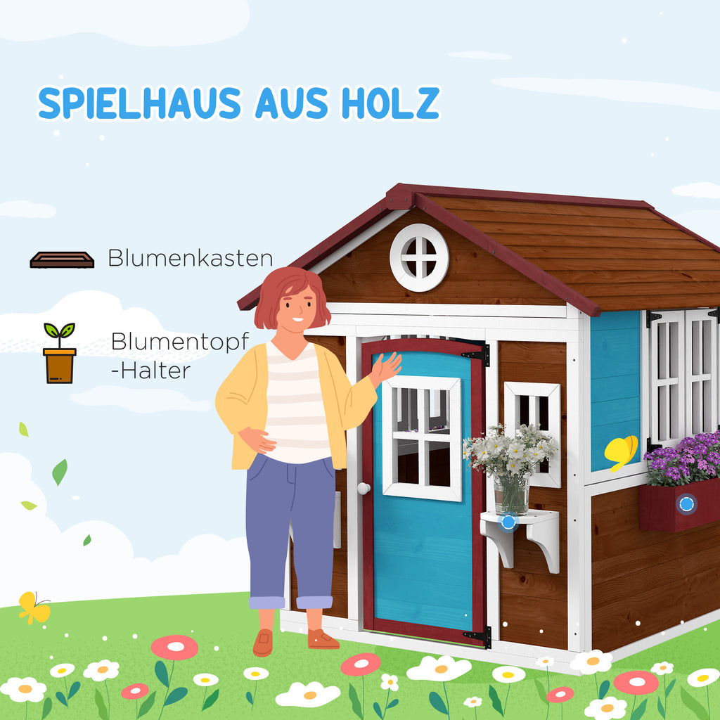 Outsunny Kinderspielhaus, Holz-Spielhaus für Kinder, Outdoor-Gartenspielhaus mit Fenstern, Blumentöpfe, 3-8 Jahre, Blau