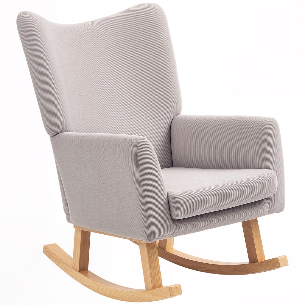 HOMCOM Schaukelstuhl im Retro-Design, Cordbezug, Kautschukholz, Schaumstoff-Füllung, hohe Rückenlehne, Polstersessel, Hellgrau
