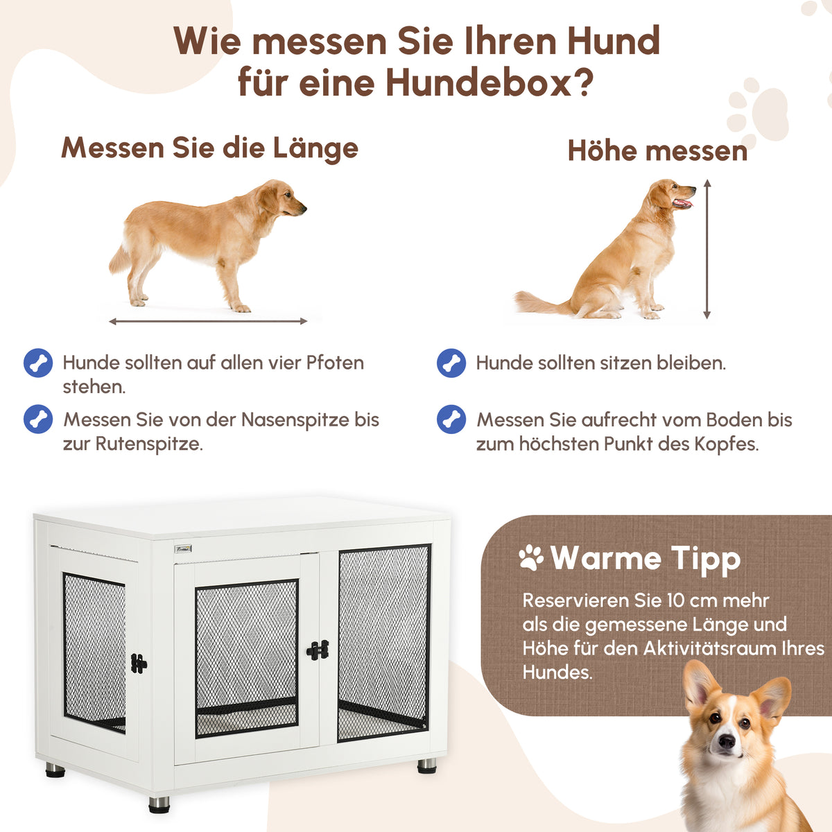 PawHut Hundebox, inkl. weicher Matte, 2 Türen, 2 Türen, verriegelbar, Stahl, Weiß, 94 x 60 x 71,5 cm