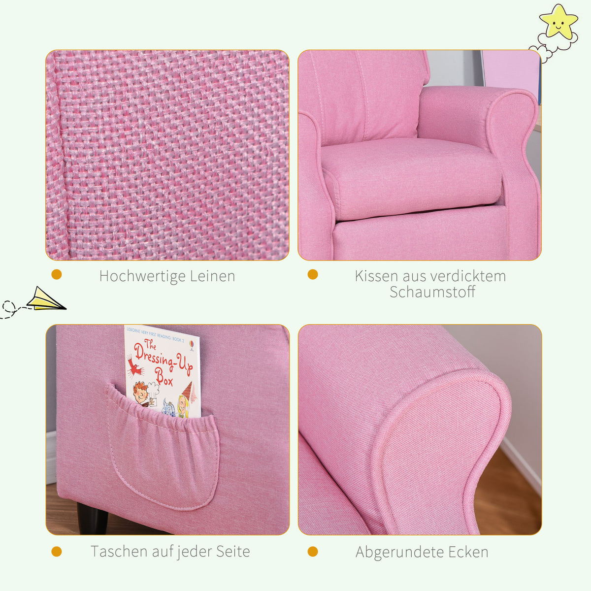 HOMCOM Kindersofa Kindercouch Kindersessel Stuhl Liegesofa verstellbar mit Fußstütze für 3-5 Jahre Jungen und Mädchen Rosa 58 x 53 x 70 cm
