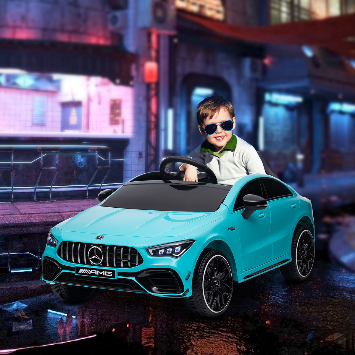 AIYAPLAY Kinder-Elektroauto, fernsteuerbar, mit Transportrollen, LED-Lichter, Hupe, für Kinder von 3-6 Jahren, Hellblau