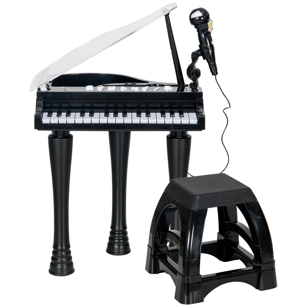 AIYAPLAY Kinderklavier mit 32 Tasten, Hocker, Mikrofon, Musik, Lichtern und abnehmbaren Beinen, Schwarz