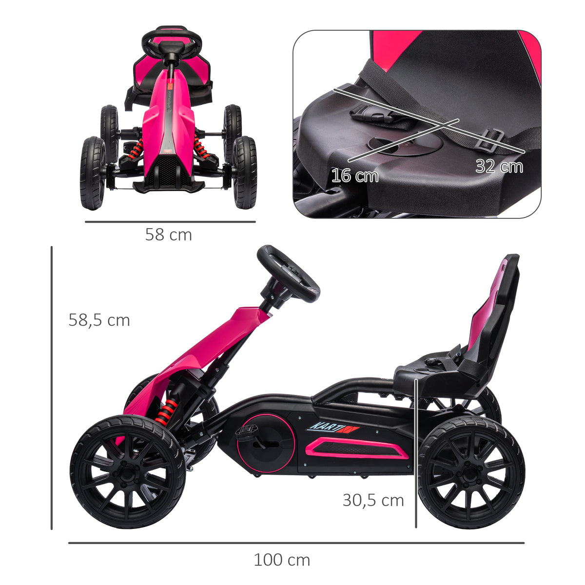 HOMCOM Go-Kart, Kinderfahrzeug mit verstellbarem Sitz, Tretfahrzeug, Tretauto mit Handbremse, 3-8 Jahre, Outdoor, Rosa