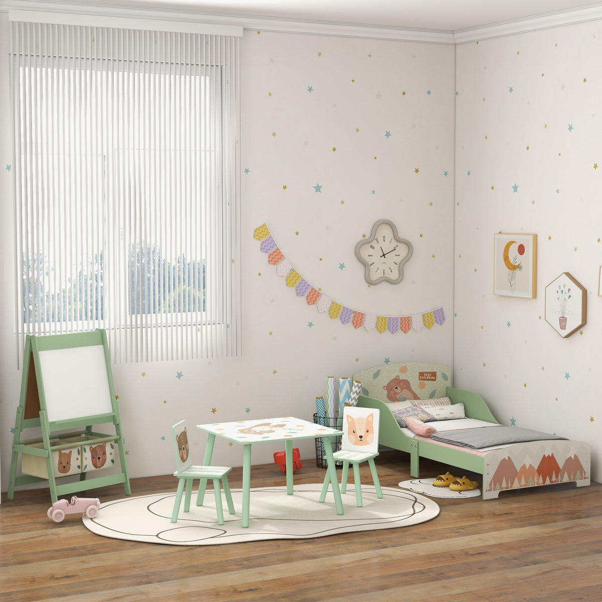 ZONEKIZ Kindertisch und 2 Stühle für Kinder 3-8 Jahre Set 3-teilig Tiermotiv für Schlafzimmer Spielzimmer grün