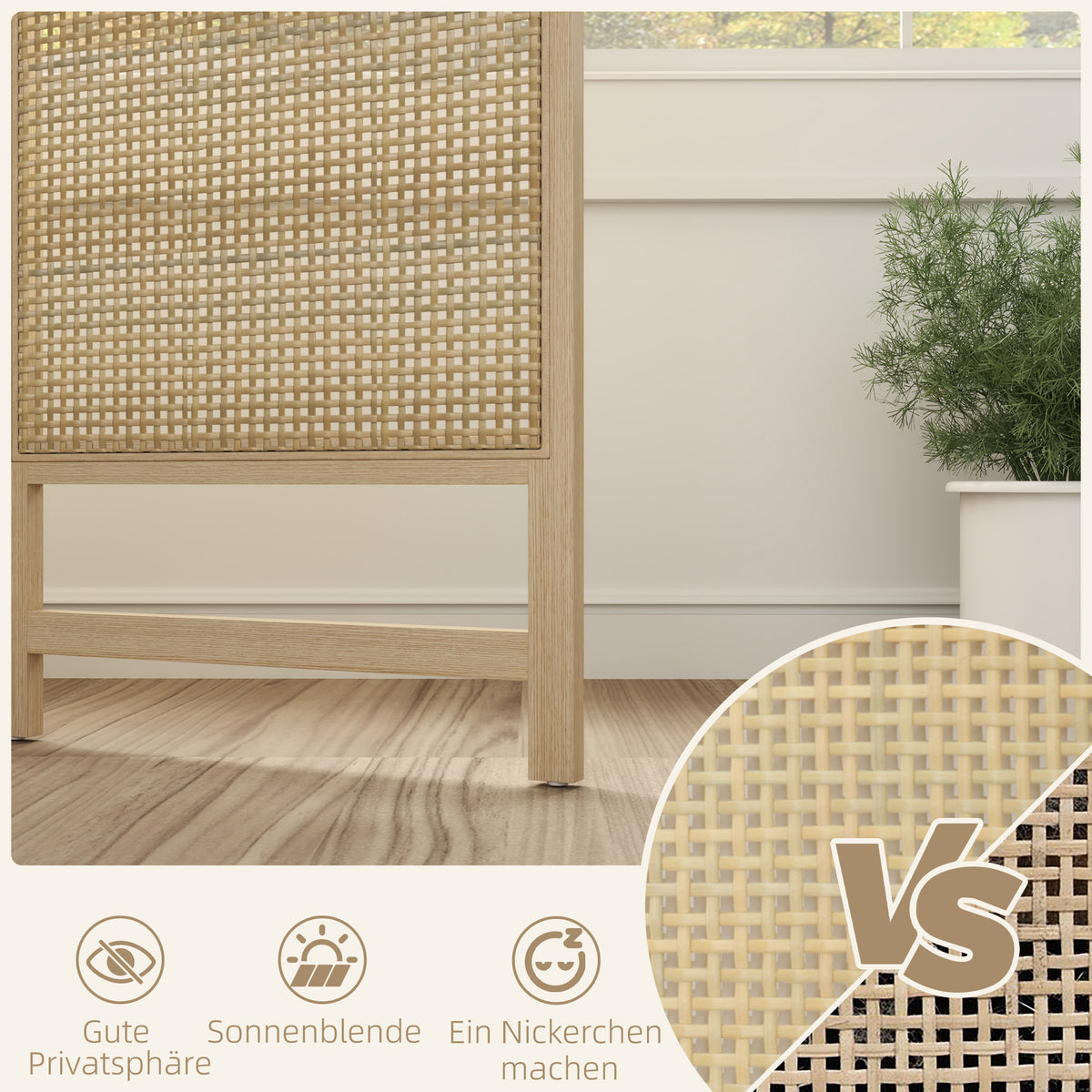 HOMCOM 3-teiliger Raumteiler, 180 cm faltbarer Wandschirm, Freistehender Raumtrenner mit handgewebtem Design für Zuhause, Natur