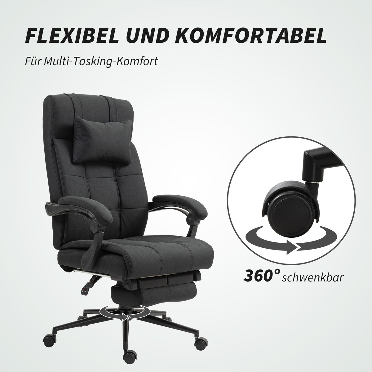 Vinsetto Bürostuhl mit Fußstütze, Schreibtischstuhl, Drehstuhl mit Kopfstütze, Schwarz