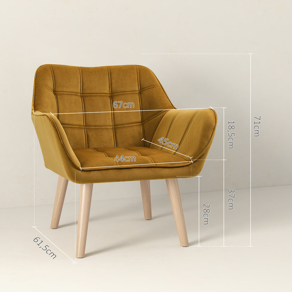 HOMCOM Polstersessel, Akzentsessel, Skandi Design, Samtoptik, bis 120 kg, Kautschukholzbeine, Gelb