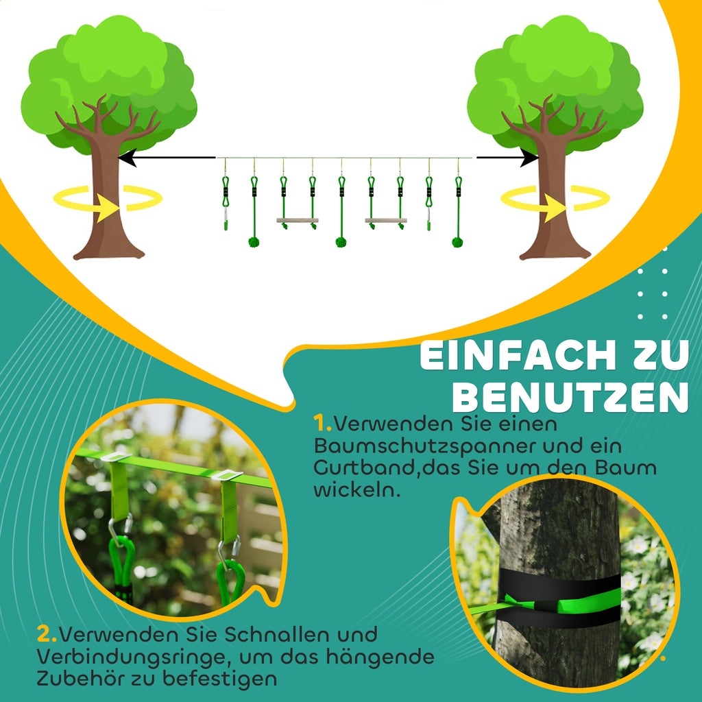 AIYAPLAY 3 Zipline-Kits, Kinder-Seilbahn-Set, bis zu 50 kg belastbar, Grün