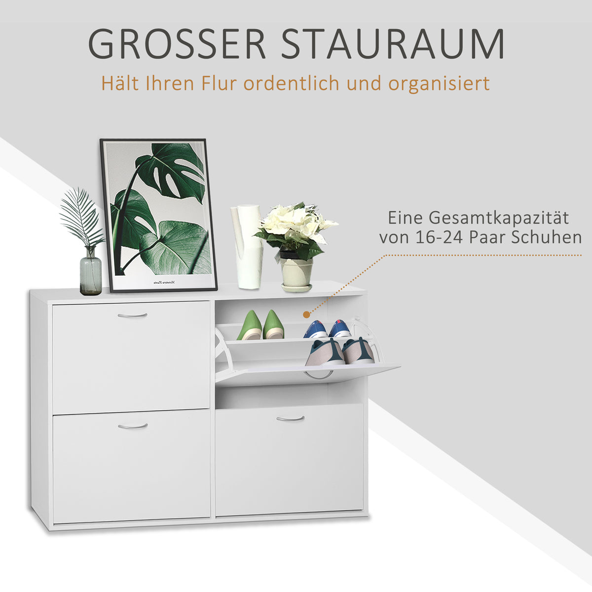 HOMCOM Schuhkipper Schuhschrank Schuhständer Schuhregal mit 4 Klappen 16–24 Paar Weiß 120 x 24 x 81 cm