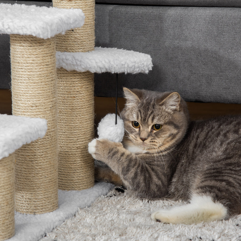 PawHut Katzentreppe 3-stufige Haustiertreppe mit Kratzsäulen Ball Hundetreppe Tiertreppe für Katzen bis 5 kg Plüsch Jute Weiß 45 x 40 x 48 cm