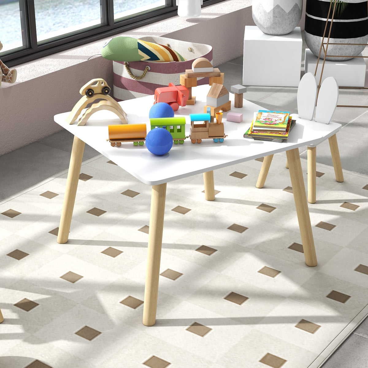 AIYAPLAY Kinder-Tisch- und 2-Stühle-Set skandinavisches Design mit Hasenohrenmuster Kieferholz Weiß